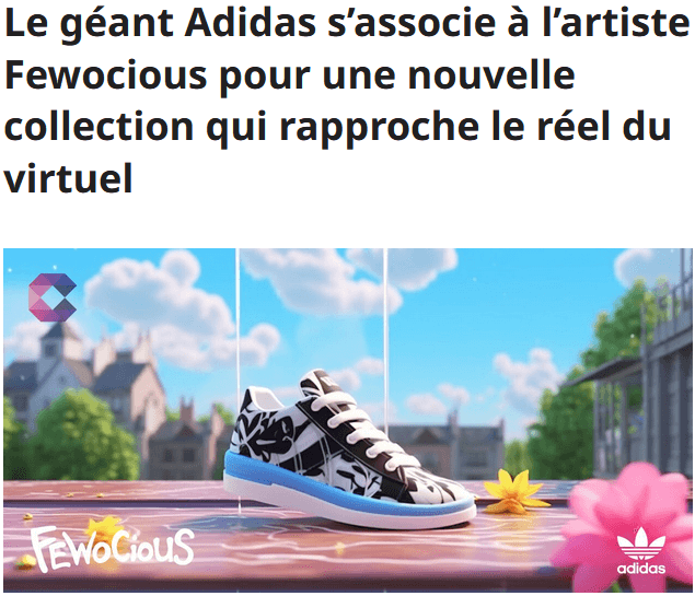 Une paire de sneakers blanche et noire avec une semelle bleue et blanche est représentée. On devine qu'il s'agit d'une image générée par ordinateur ou d'un objet produit dans un monde virtuel.